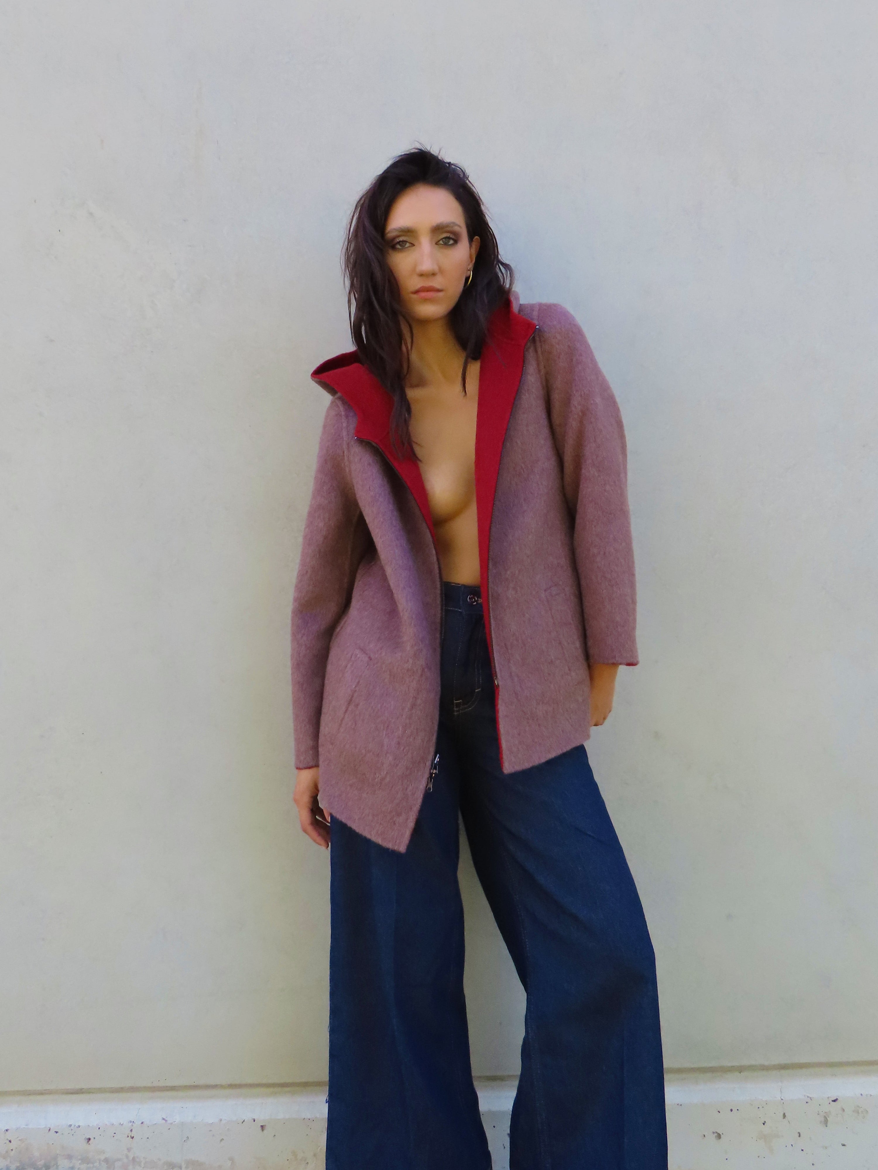 Abrigo reversible con capucha Rojo / Moca