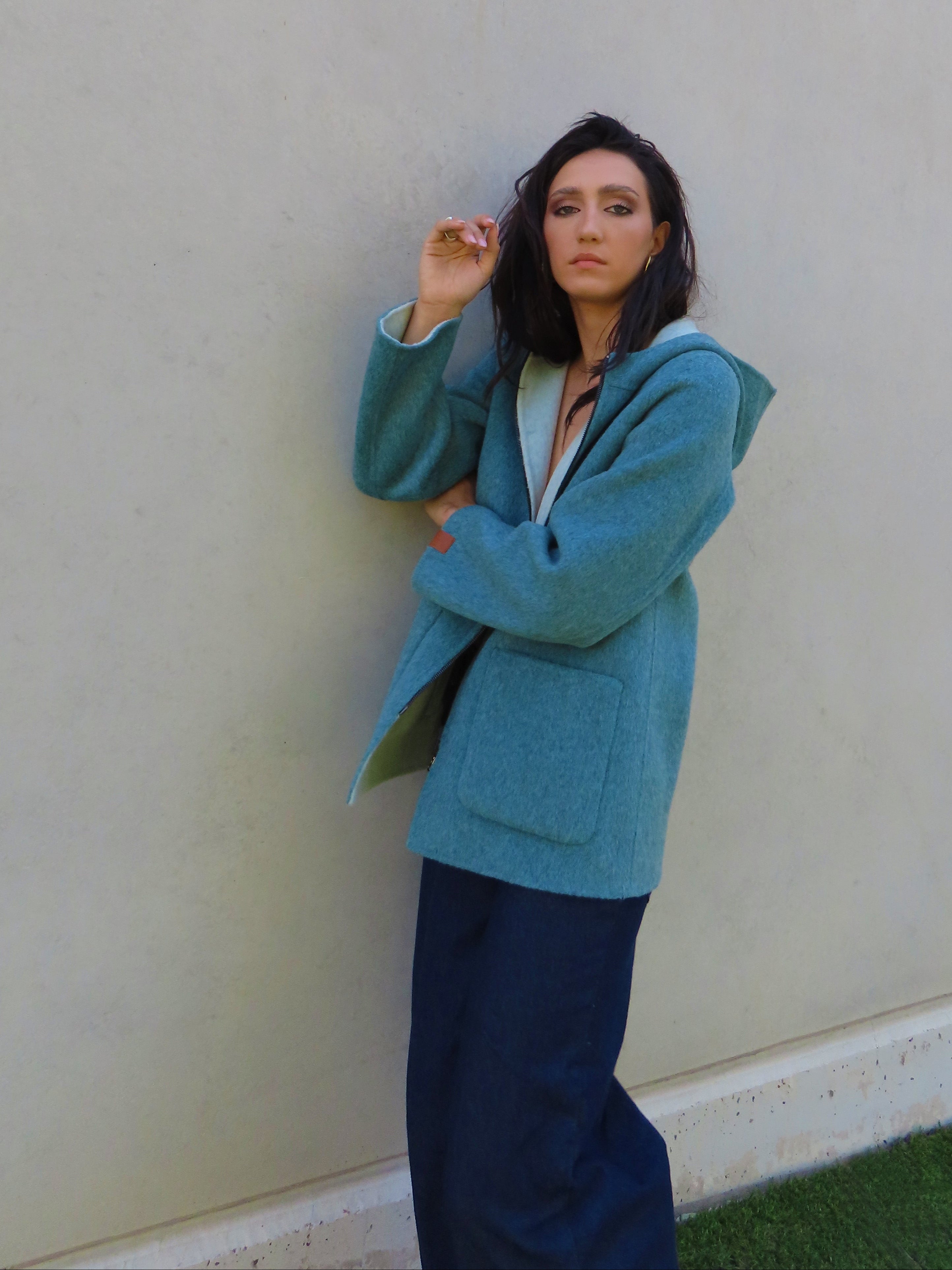 Abrigo reversible con capucha Azul / Agua